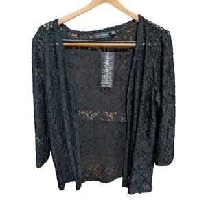 Nina Leonard Black Lace Open Front Cardigan Wrap 3/4 Sleeves Sheer Floral Size M